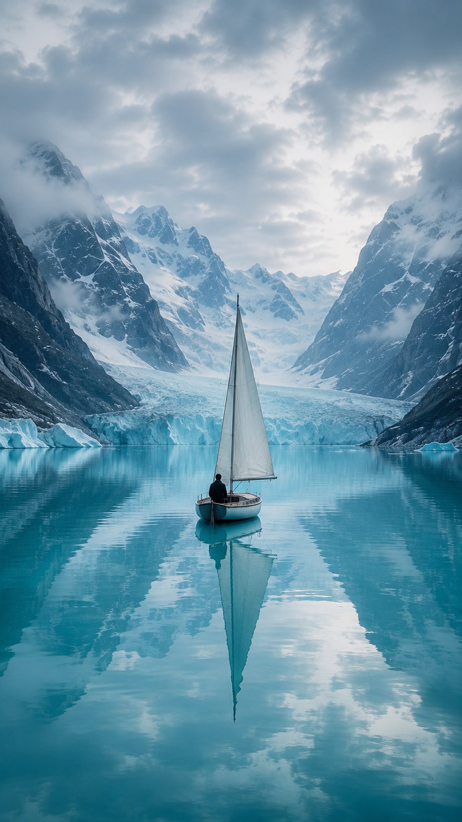 A small sailboat resting on still water before a glacier and mountains.