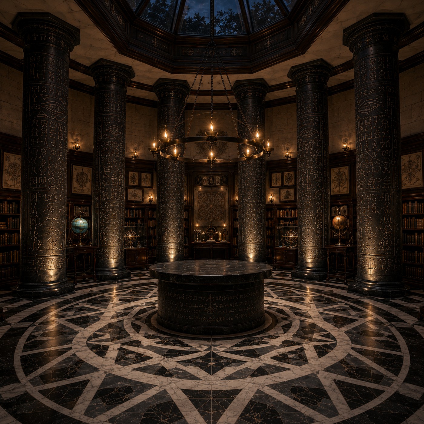 A domed sanctum lined with columns and candlelight.